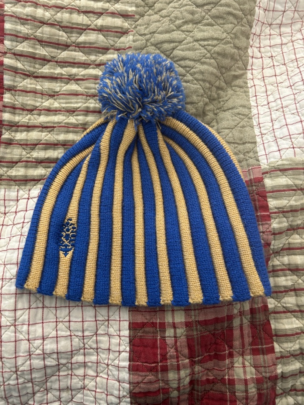 FP Movement by Free People Blue and Gold Striped Pom Beanie